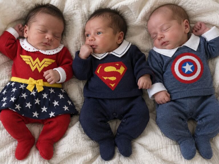 Bebês vestidos como super heróis deitados lado a lado. Uma bebê menina esta vestida de mulher maravilha, um bebê menino de superman e outro bebê menino de capitão américa.