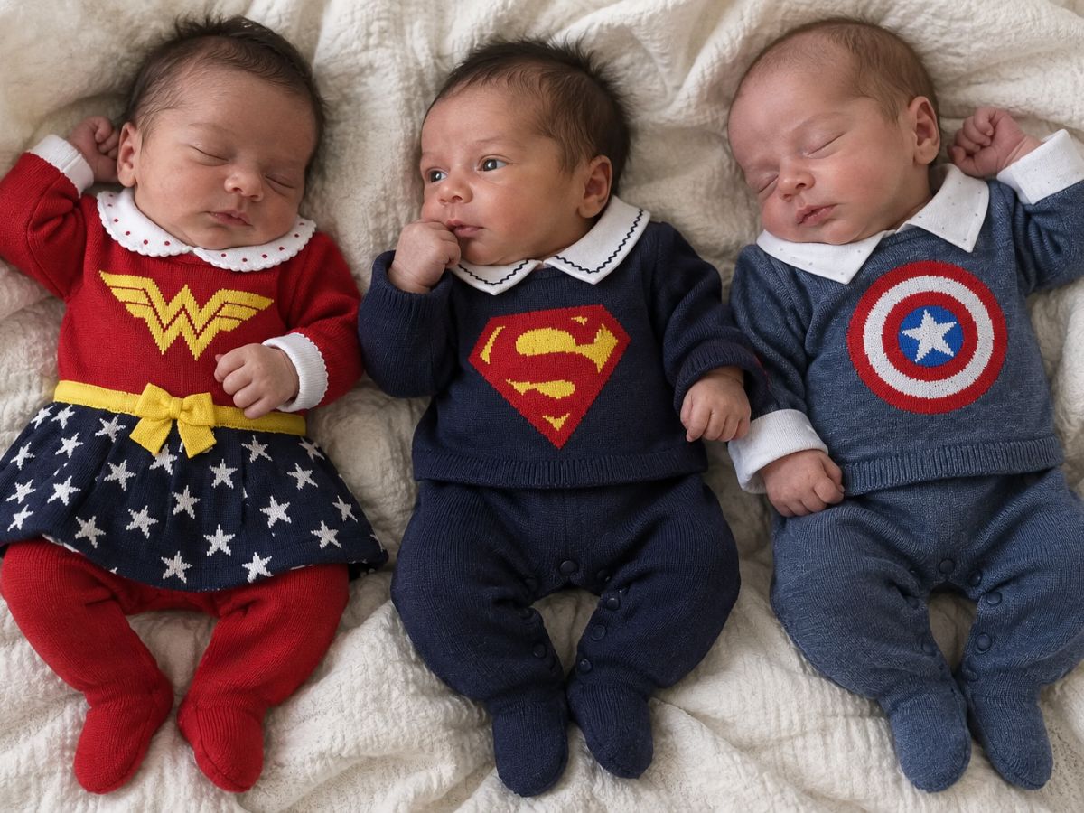 Bebês vestidos como super heróis deitados lado a lado. Uma bebê menina esta vestida de mulher maravilha, um bebê menino de superman e outro bebê menino de capitão américa.