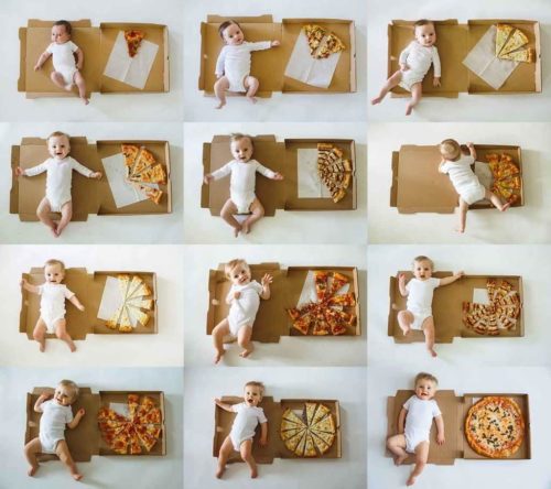 12 fotos de bebê crescendo, e cada foto com uma fatia a mais de pizza, simbolizando ideias para foto de mesversário com comida