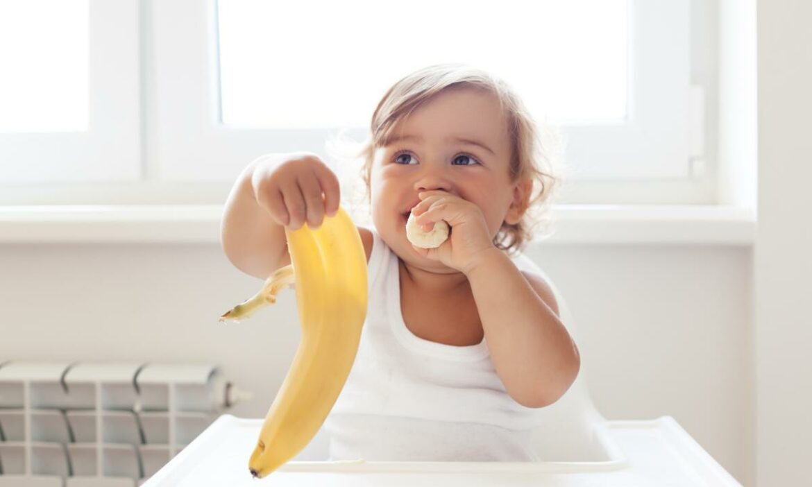 bebê sentado comendo uma banana sozinho. Alergias alimentares em bebês