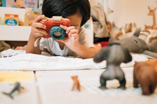 A imagem mostra uma criança brincando com uma câmera de brinquedo, cercada por animais de brinquedo, em um ambiente infantil aconchegante.