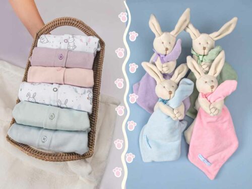Coleção de Páscoa Laleblu cuidadosamente montada: do lado direito, naninhas de coelho organizadas em destaque; do lado esquerdo, roupas da coleção acomodadas dentro de uma cesta. A composição apresenta todas as cores que marcam a coleção de Páscoa da Laleblu: azul, branco, roxo, rosa e verde
