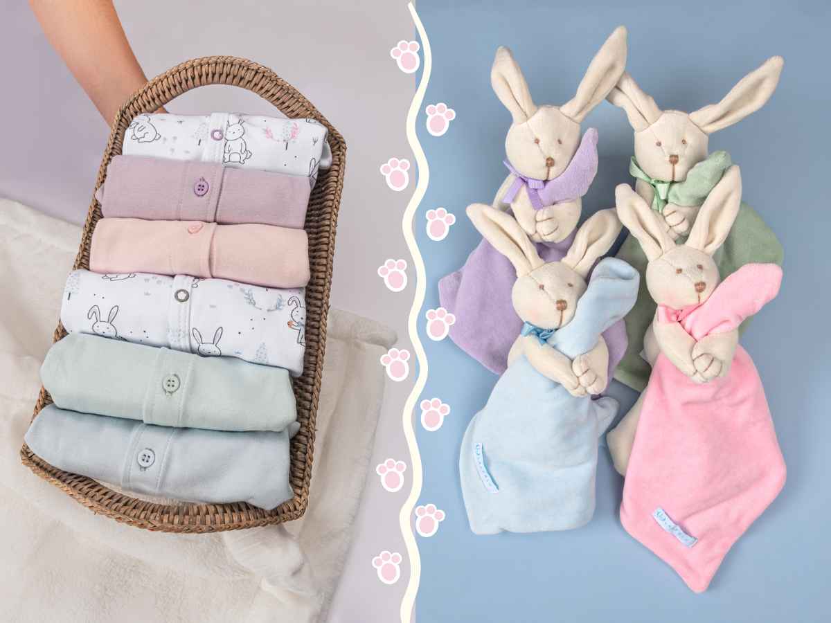 Coleção de Páscoa Laleblu cuidadosamente montada: do lado direito, naninhas de coelho organizadas em destaque; do lado esquerdo, roupas da coleção acomodadas dentro de uma cesta. A composição apresenta todas as cores que marcam a coleção de Páscoa da Laleblu: azul, branco, roxo, rosa e verde
