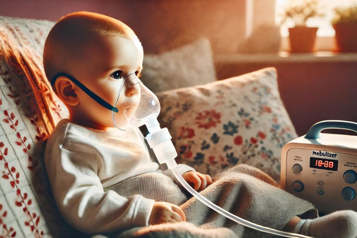 Bebê sentado fazendo inalação para amenizar os sintomas do Vírus Sincicial Respiratório.