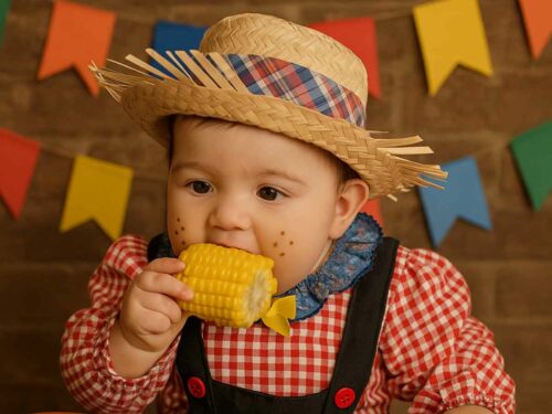 Bebê comendo milho cozido direto na espiga, um prato junino.