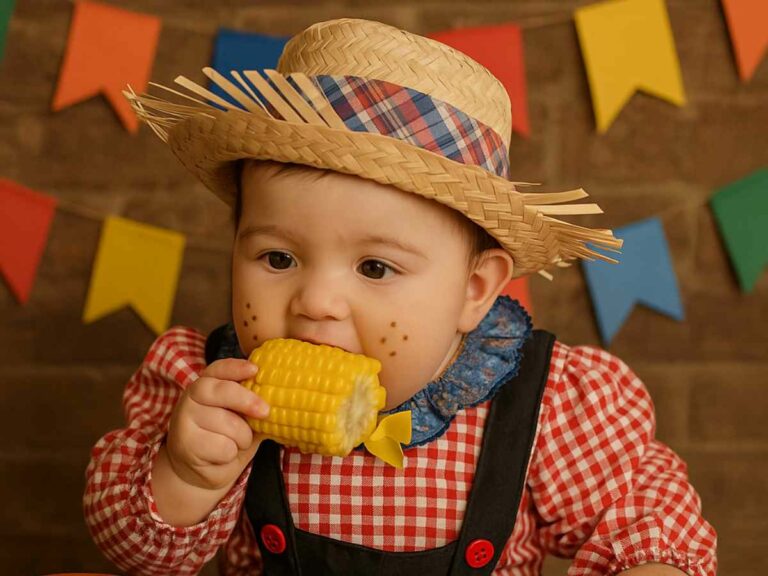 Bebê comendo milho cozido direto na espiga, um prato junino.