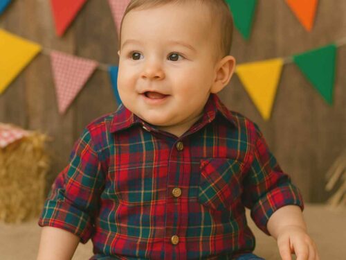 Bebê sorridente, usando camisa xadrez vermelha com verde e azul. Ao fundo, decoração típica de Festa Junina com bandeirinhas coloridas e fardos de palha.