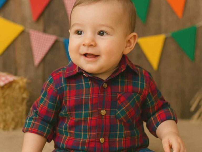Bebê sorridente, usando camisa xadrez vermelha com verde e azul. Ao fundo, decoração típica de Festa Junina com bandeirinhas coloridas e fardos de palha.