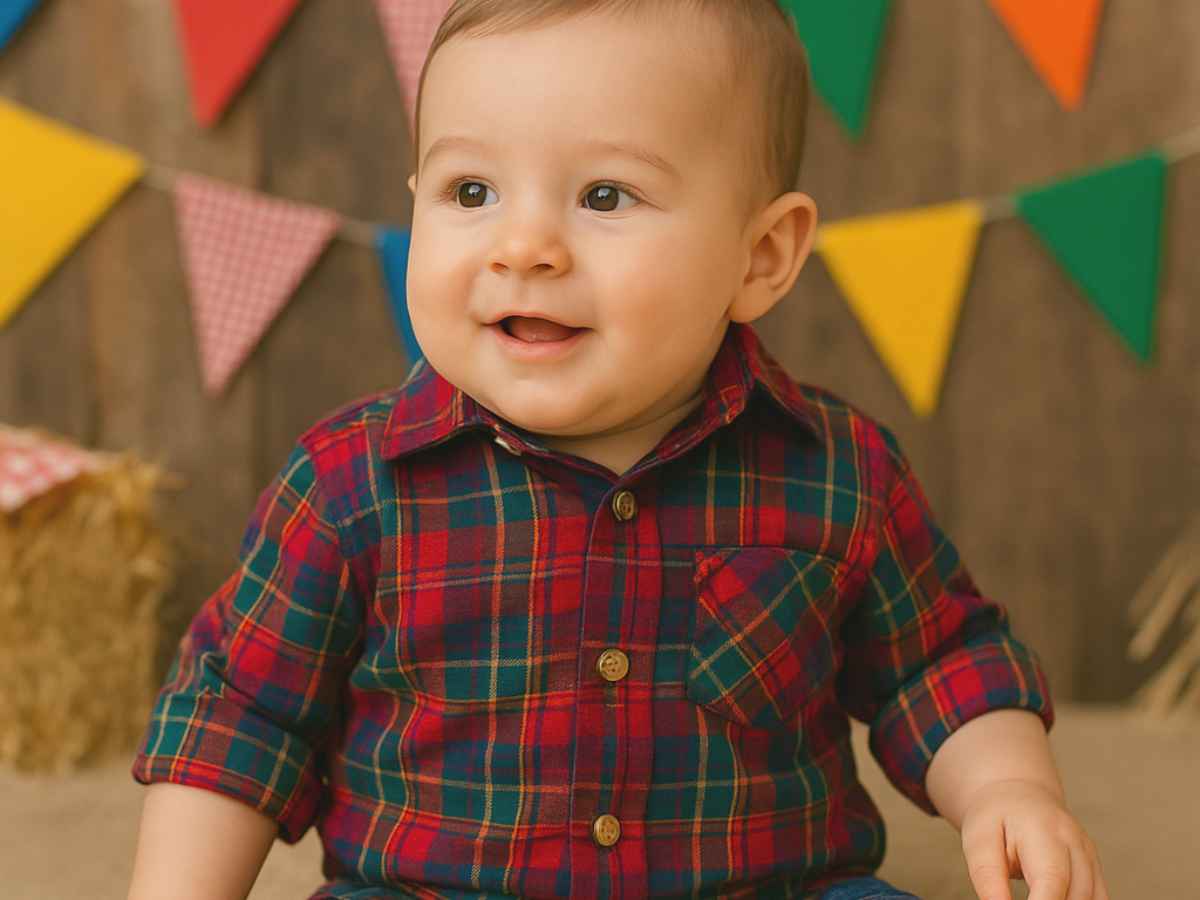Bebê sorridente, usando camisa xadrez vermelha com verde e azul. Ao fundo, decoração típica de Festa Junina com bandeirinhas coloridas e fardos de palha.