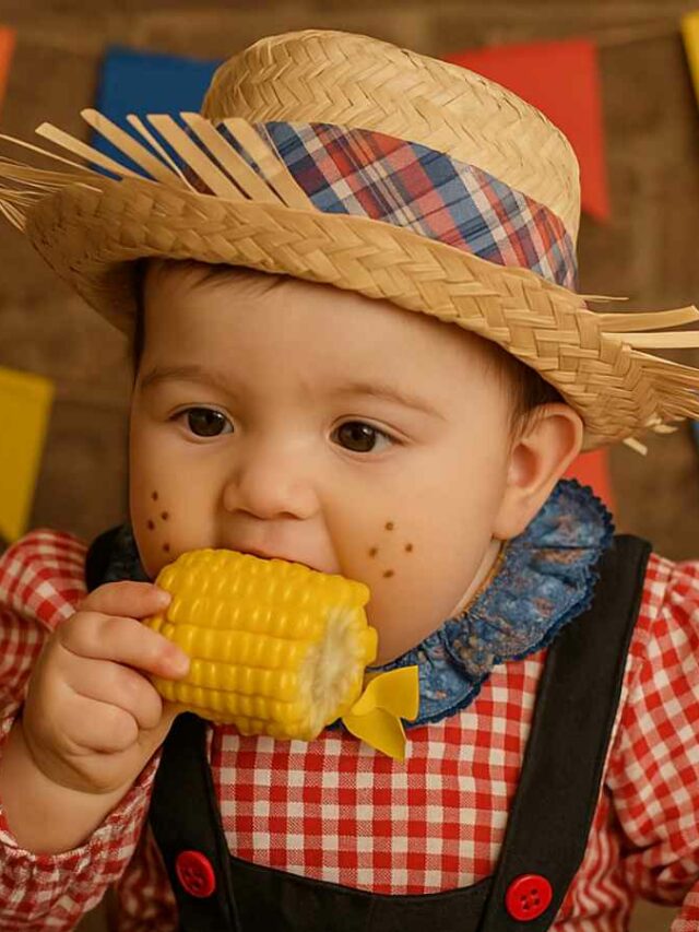 Bebê comendo milho cozido direto na espiga, um prato junino.