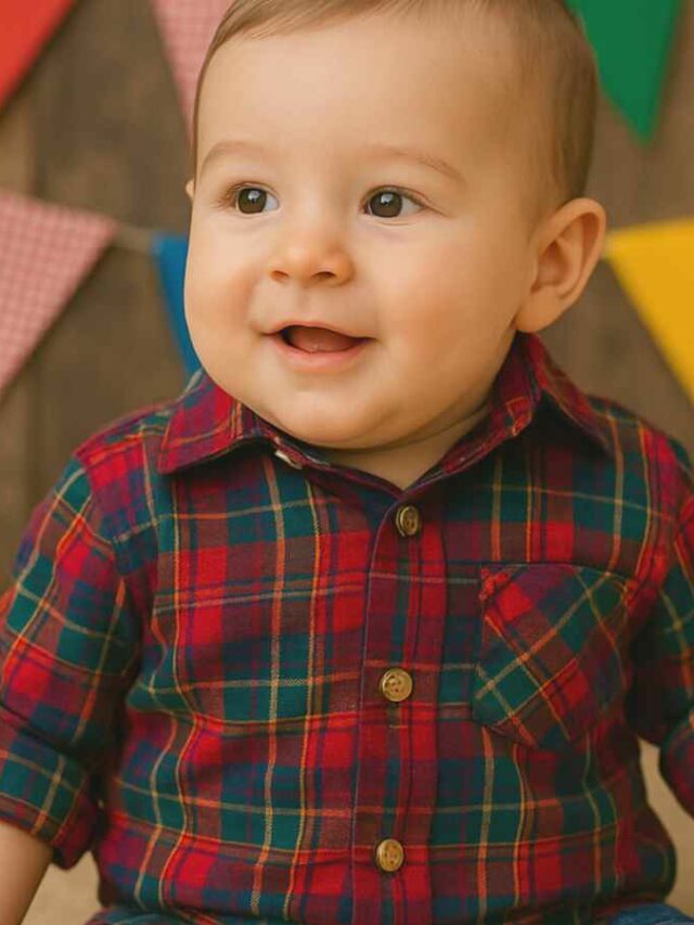 Bebê sorridente, usando camisa xadrez vermelha com verde e azul. Ao fundo, decoração típica de Festa Junina com bandeirinhas coloridas e fardos de palha.
