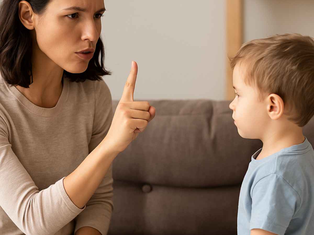 Mulher com expressão séria e dedo em riste repreendendo uma criança pequena. A cena sugere um momento de correção de comportamento.