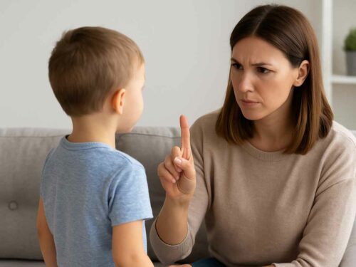 Mulher com expressão séria levantando o dedo indicador enquanto repreende uma criança pequena.