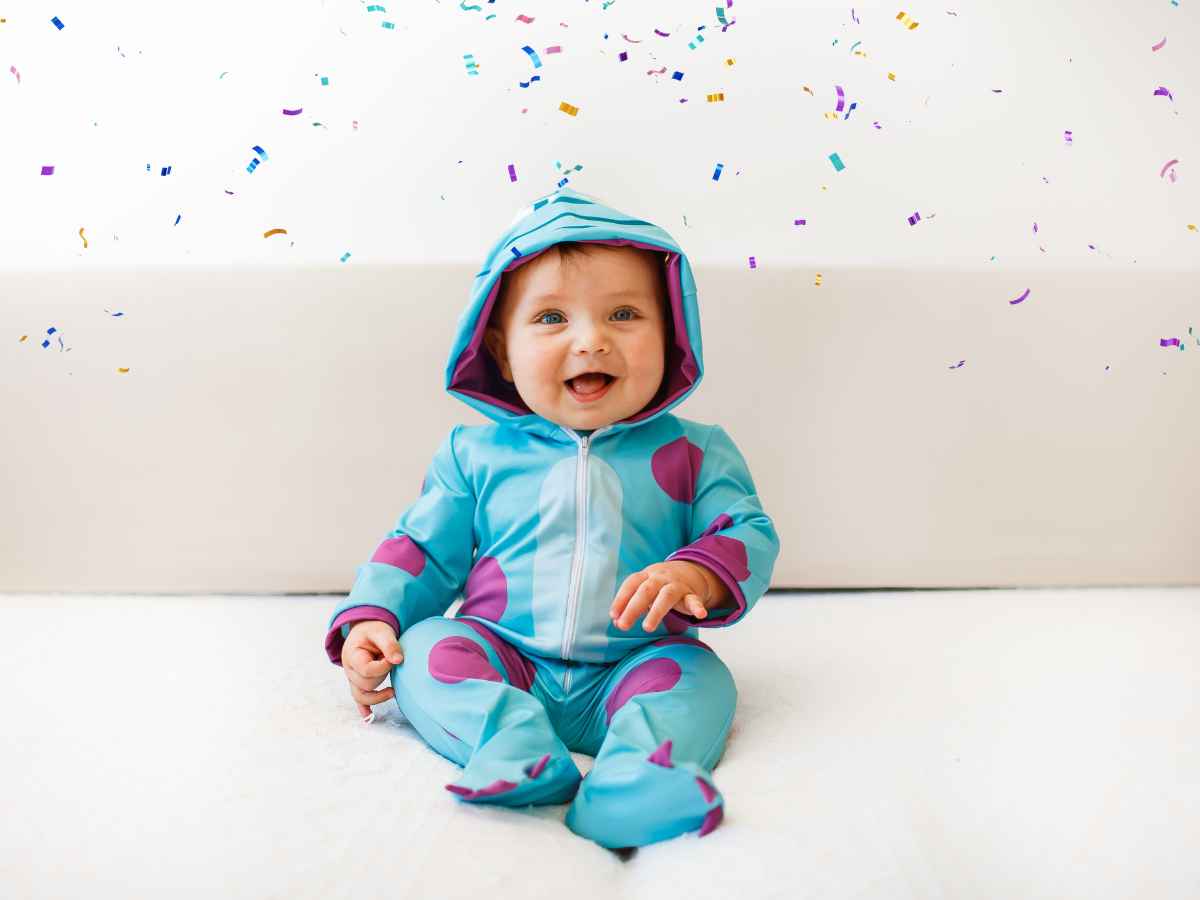 Bebê sorridente sentado no chão usando fantasia azul com capuz, enquanto confetes coloridos caem ao fundo