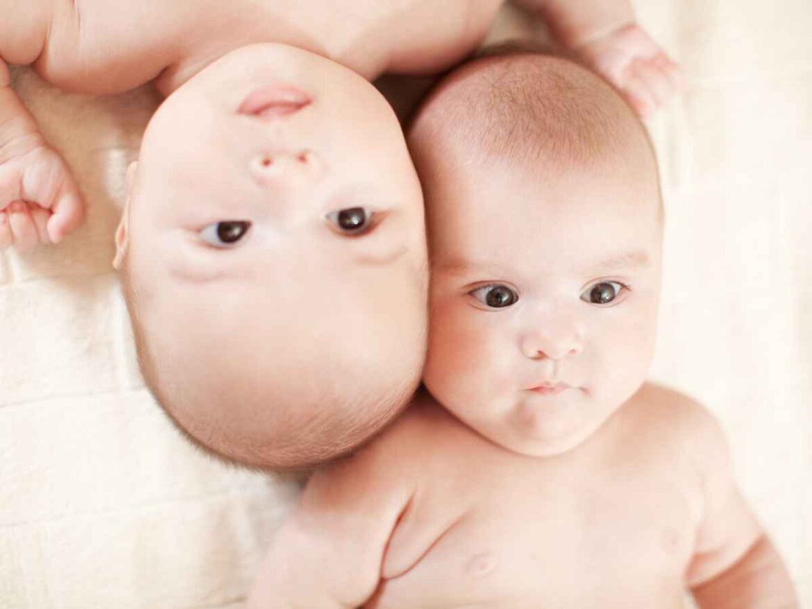 Close de bebês gêmeos lado a lado olhando para frente