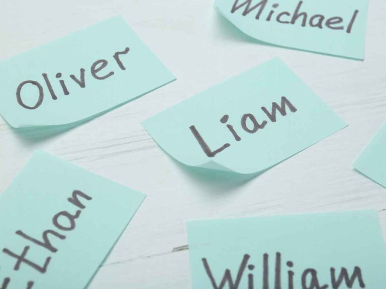 Papéis adesivos com diferentes sugestões de nomes masculinos para bebês