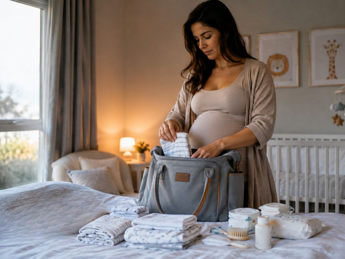 Grávida organizando bolsa de bebê com acessórios essenciais